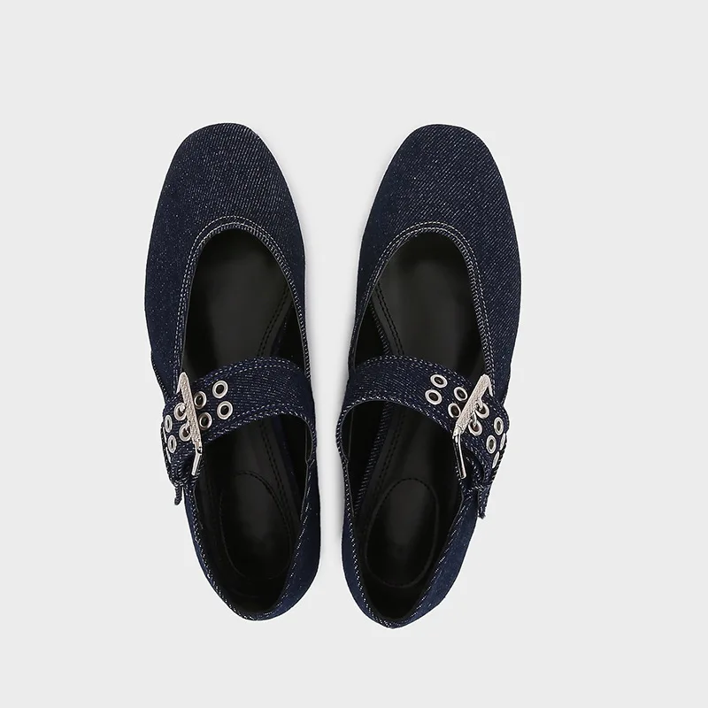 Womens Denim Blue Ballet Flats, Lightweight Designer Mary Jane Shoes with Metal Buckle Strap, Casual Fashion Flats