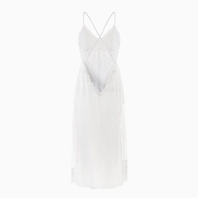 Women's Satin Lace Suspender Nightgown Sexy Mesh Silk Sleepwear Mid-Calf Loungewear Dress