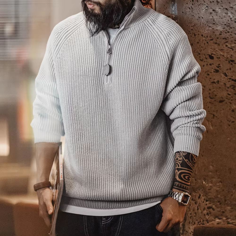 Maden Vintage Half-Zip Stand Collar Knitted Sweater – Versatile Knitwear for Autumn and Winter
