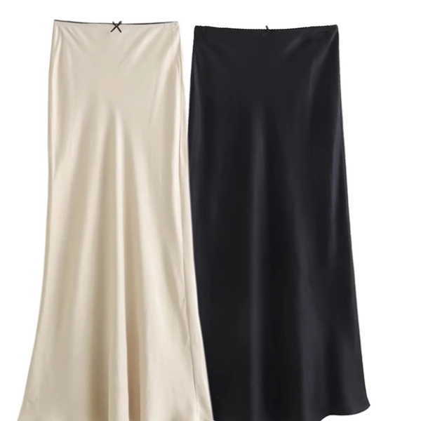 Vintage Chic Fashion Women's Satin Bow-Decorated High-Waist A-Line Long Skirt