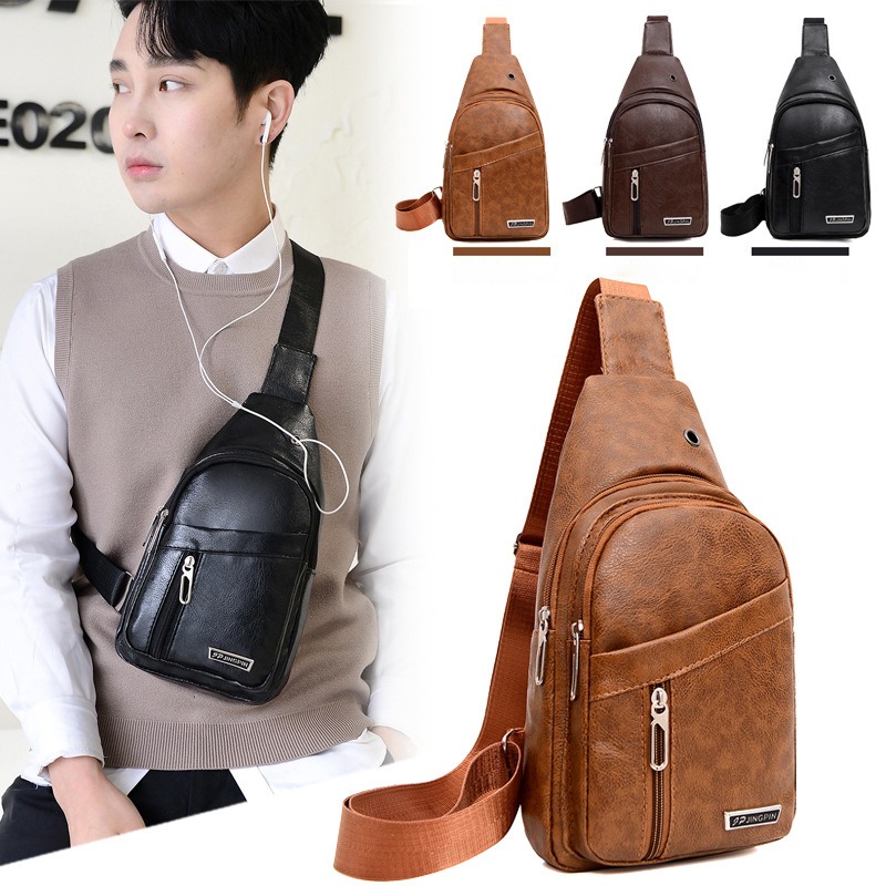 Stylish PU Leather Chest Bag for Men Casual Travel Crossbody Sling Messenger Shoulder Bag
