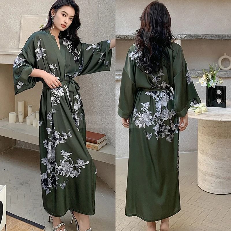 New Spring Summer Female Long Robe Set – Sexy Flower Print Kimono & Silk Satin Casual Lounge Wear