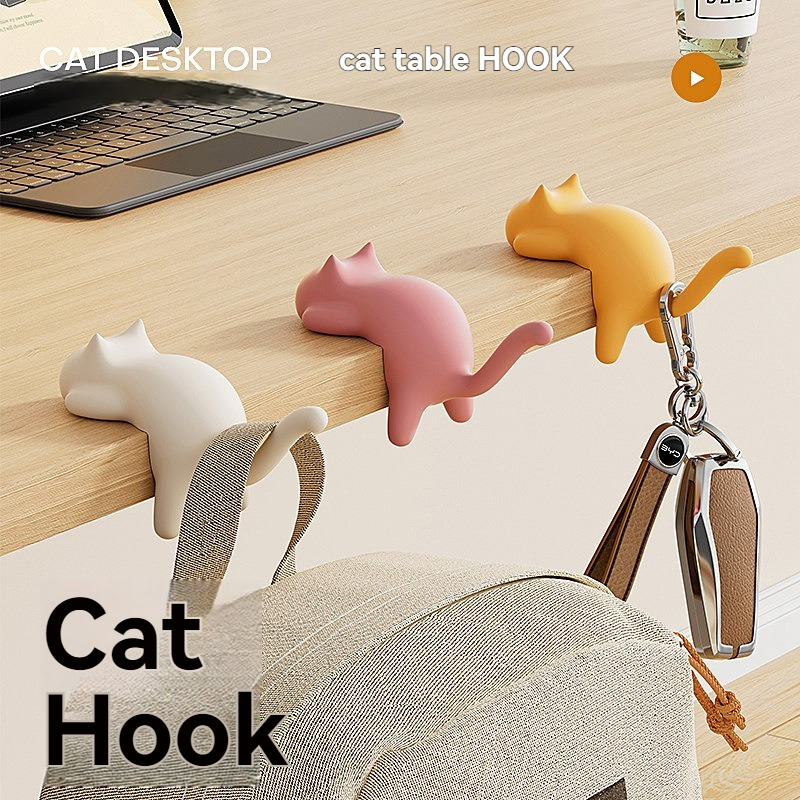 Cute Cat-Shaped Creative Desktop Hooks, Key Holder Organizer for Office Desk, Bag Storage Hooks, Table Edge Key chain