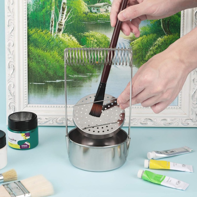 Stainless Steel Portable Artist Brush Washer with Wash Tank Removable Screen Brush Holder Paint Brush Cleaner