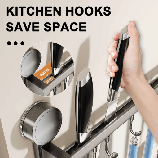 Wall Mounted Kitchen Hook Rack No Drill Utensil Hanger Rail with Chopping Board Holder