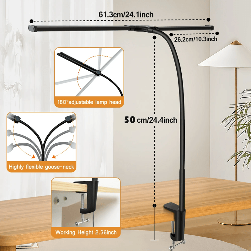 Dimmable Clip On LED Desk Lamp with Flexible Arm for Reading Office and Computer Use