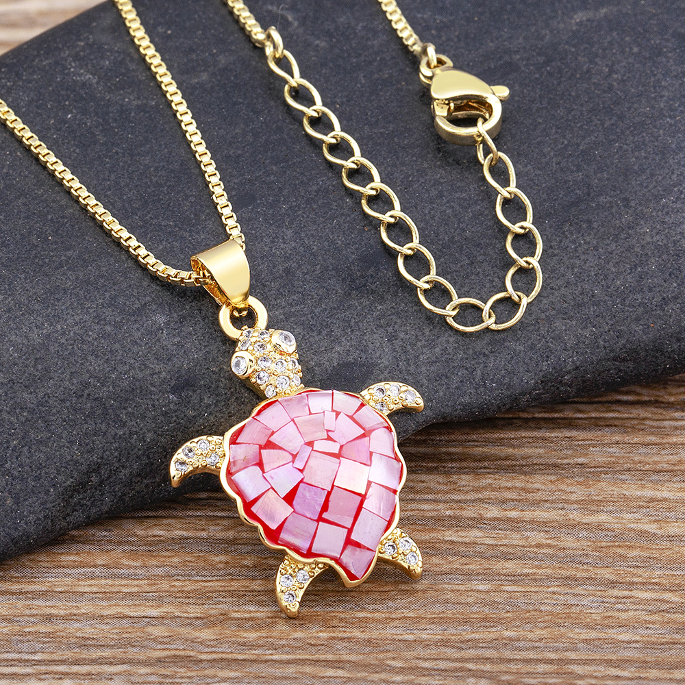 Colorful Crystal Turtle Pendant Necklace with Zircon Shell for Women Beach Jewelry