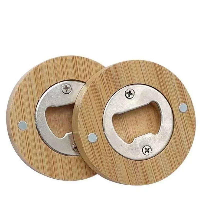 Round Shape Bamboo Beer Bottle Opener, Portable Fridge Magnet Bar Gadget for Home & Party