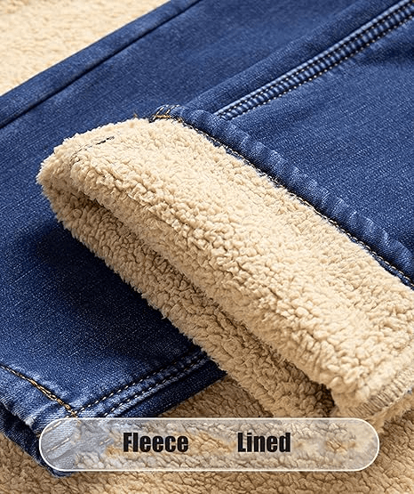Winter Fleece Lined Denim Pants for Men Warm High Waist Straight Fit