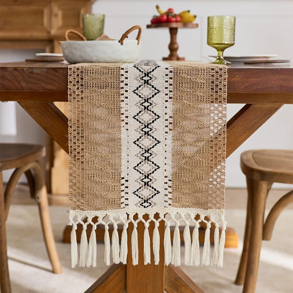 Boho Macrame Table Runner with Tassels – Rustic Burlap Farmhouse Dining Table Decor