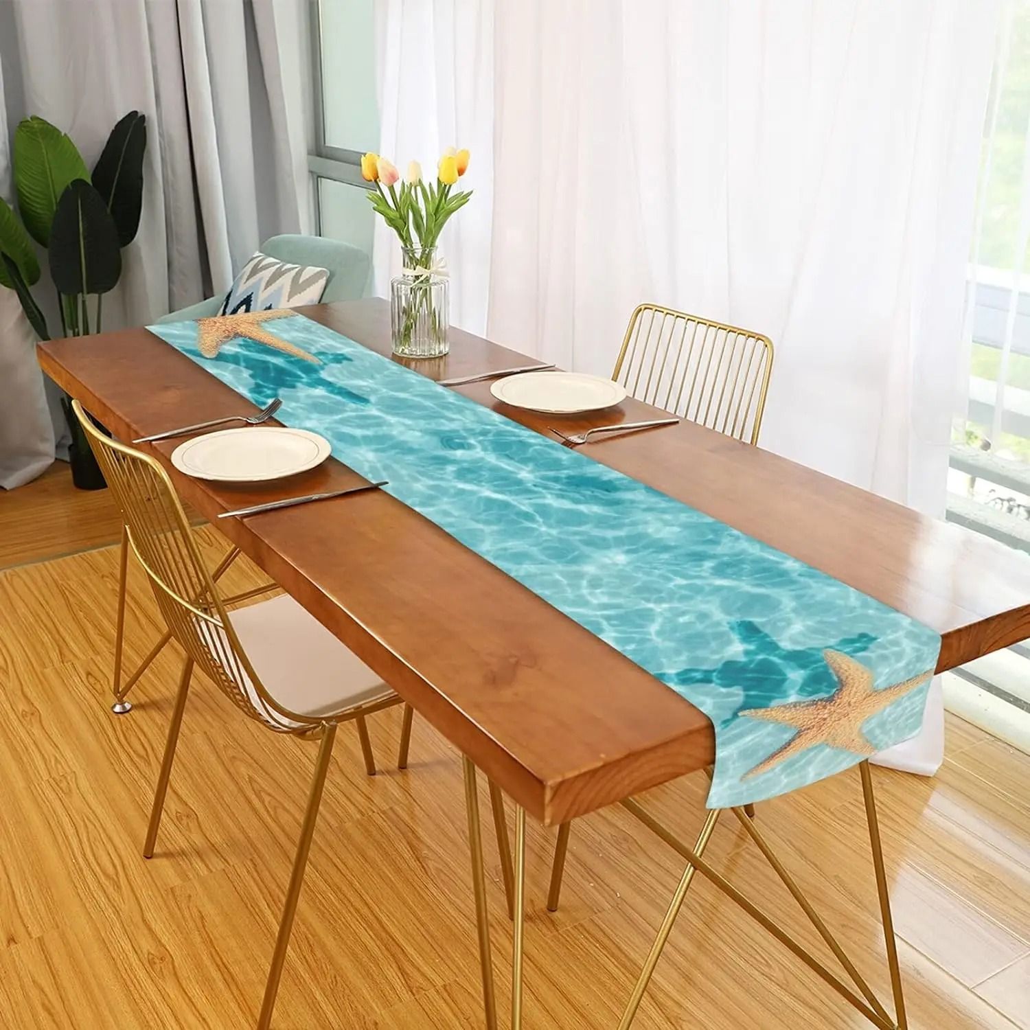Ocean Starfish Linen Table Runner Coastal Dining Table Decor