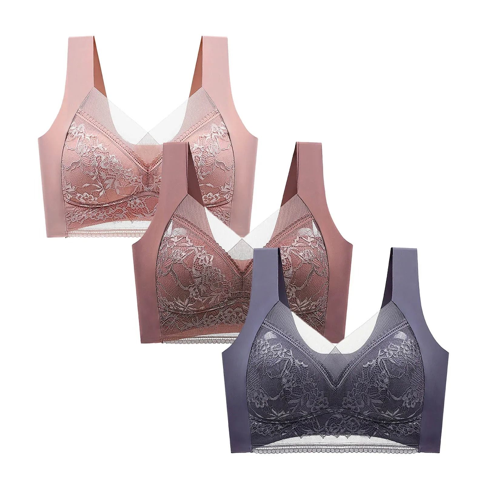 FallSweet 3 Pack Lace Push Up Bra Wireless Deep V Bralette Set L to 5XL