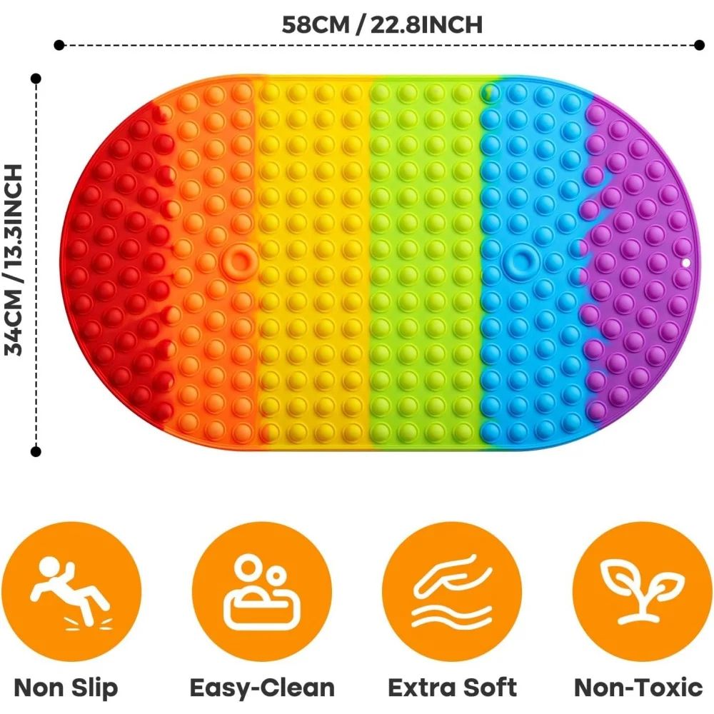 Colorful Silicone Non Slip Bathtub Mat with Suction Cups & Pop Bubbles - Soft, Foldable, Machine Washable