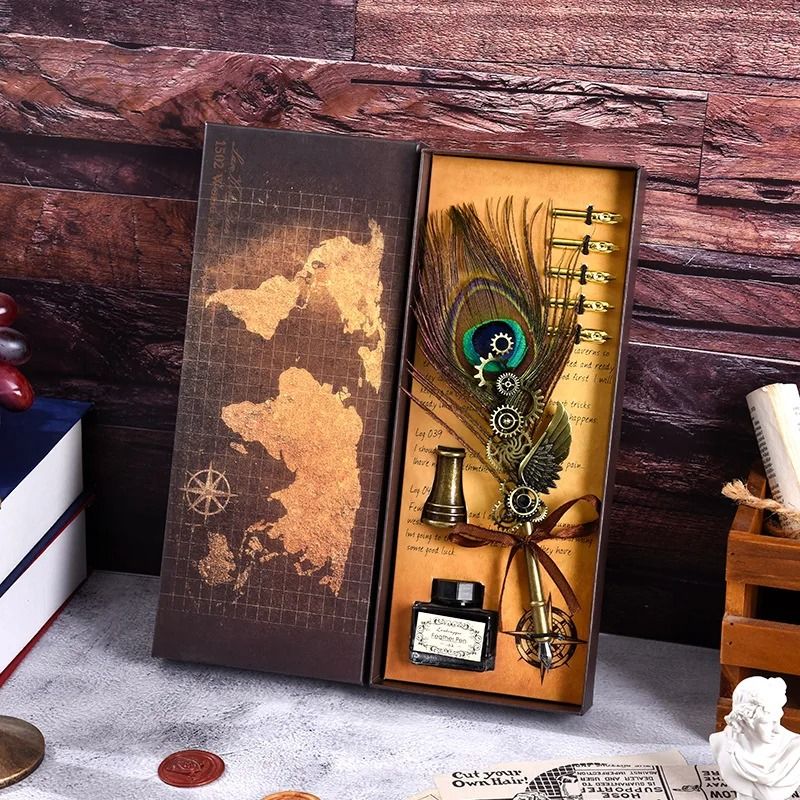 Antique Feather Dip Pen Calligraphy Quill Pen Set with Mechanical Wing Base