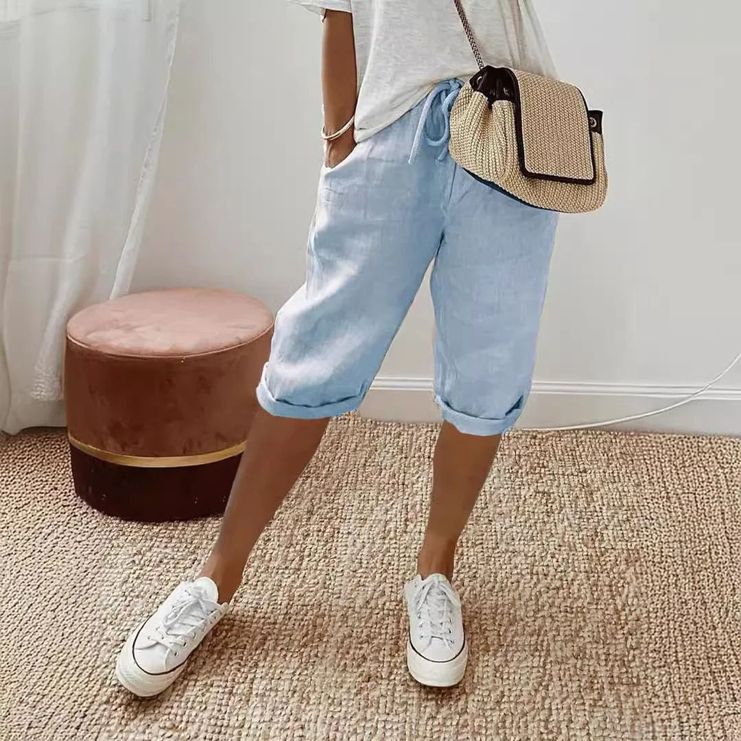 Womens Cotton Linen Elastic Waist Loose Casual Shorts