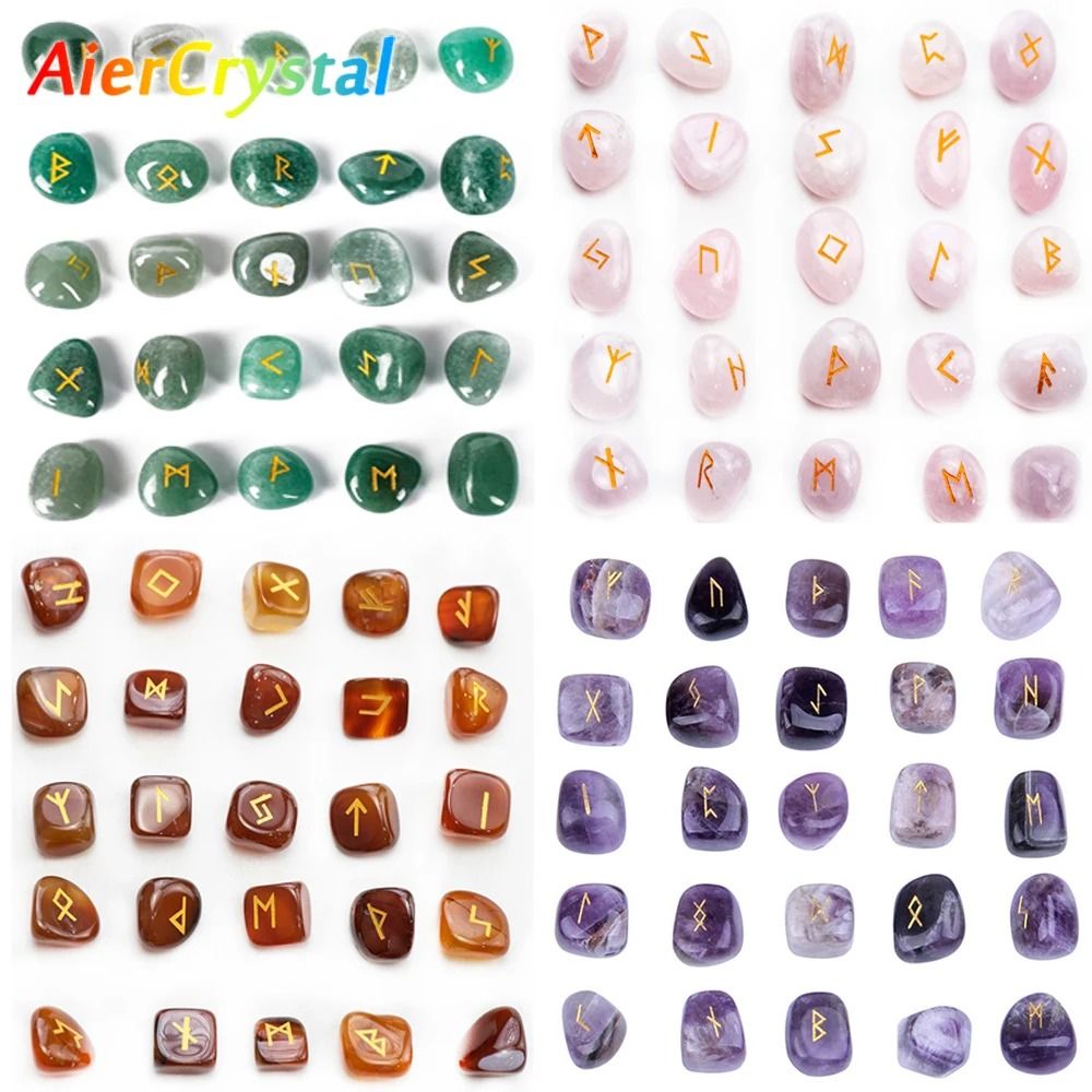 Natural Crystal Rune Stones Set 25PCS Quartz Agate Reiki Healing Witches Energy Crystal Carving