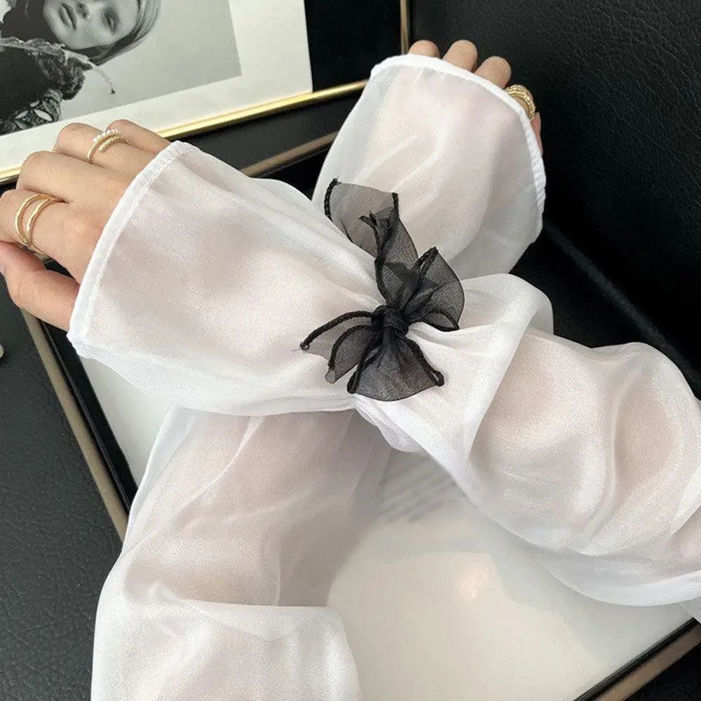 Ice Silk UV Protection Sheer Arm Sleeves with Bow Tie – Lolita Fingerless Sunscreen Gloves for Women