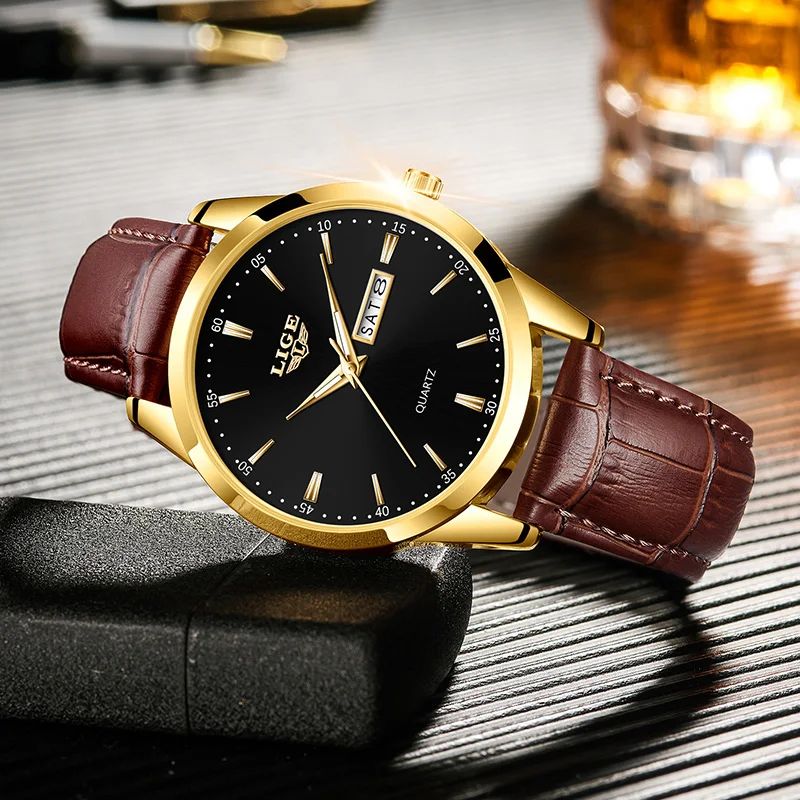 LIGE Executive Waterproof Men's Leather Quartz Watch with Luminous Date & Week Display