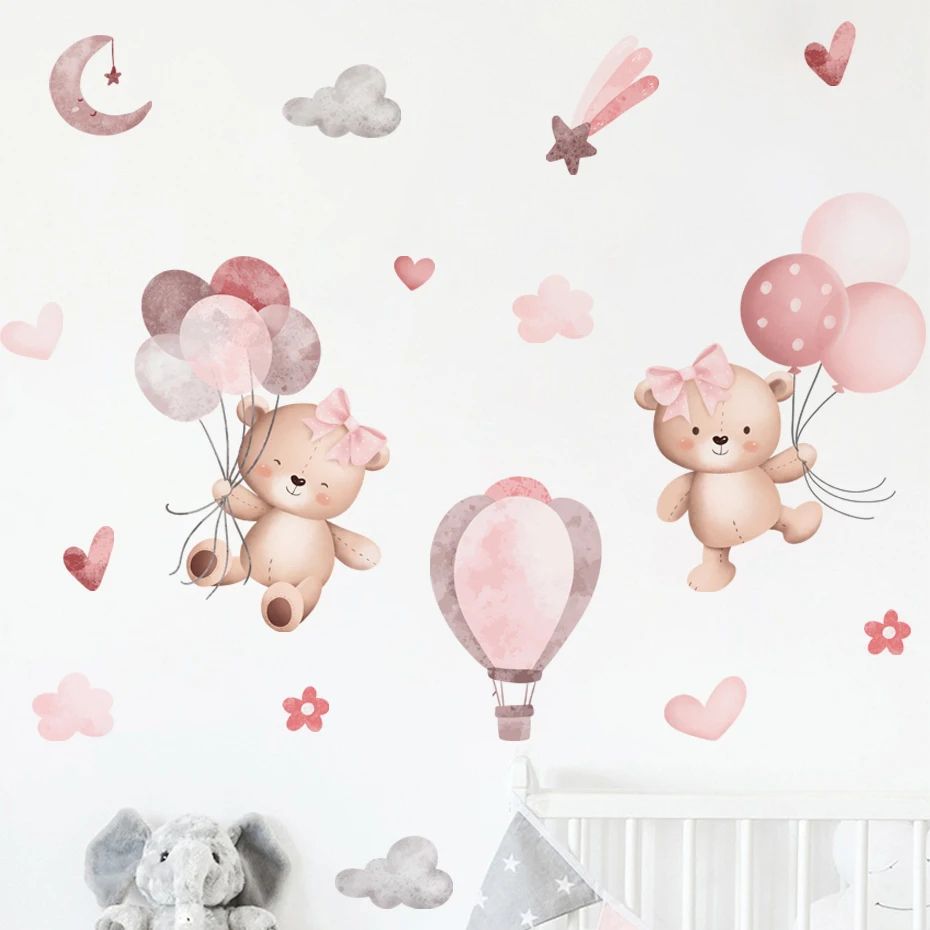 Pink Bear Balloon Wall Stickers for Kids Room Decor Nursery Wall Decals