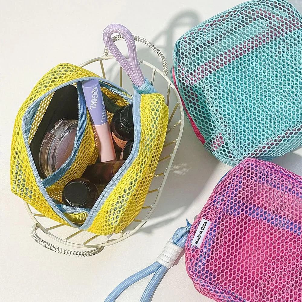Square Mesh Cosmetic Bag with Zipper Multi-Purpose Storage