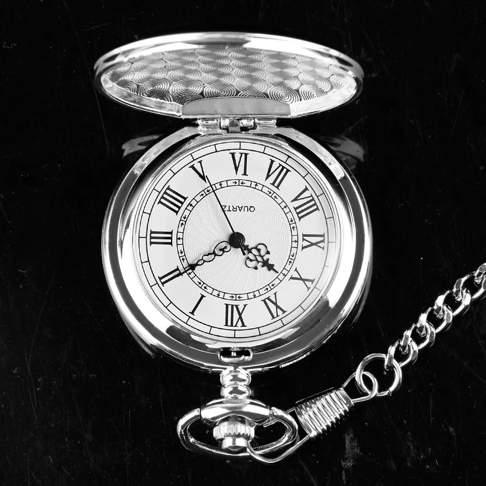Luxury Silver Pocket Watch with Chain Roman Numerals