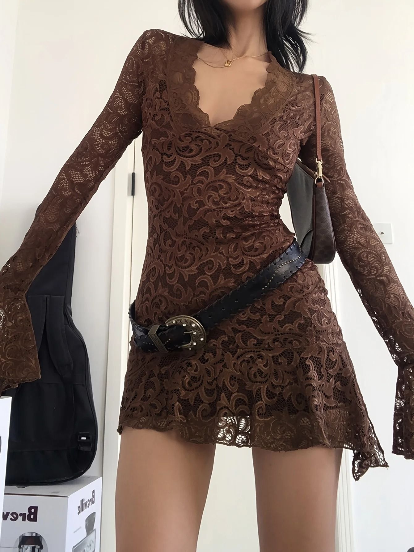 Summer Y2K Sheer Mesh Lace Bodycon Dress Flared Long Sleeve V-Neck Mini Party Club Evening Dress