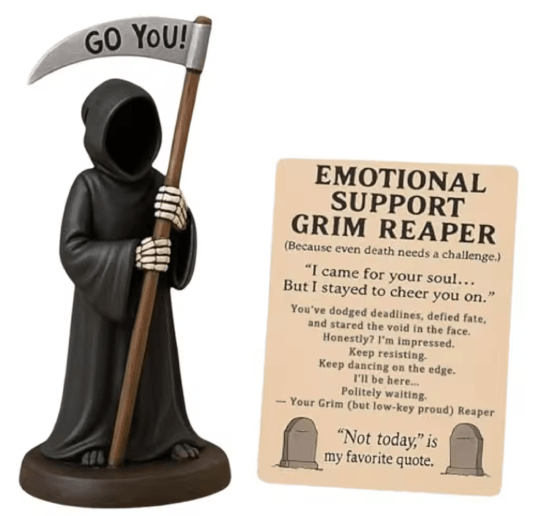 Emotional Support Grim Reaper Figurine Exhausted Gothic Desk Statue with Card