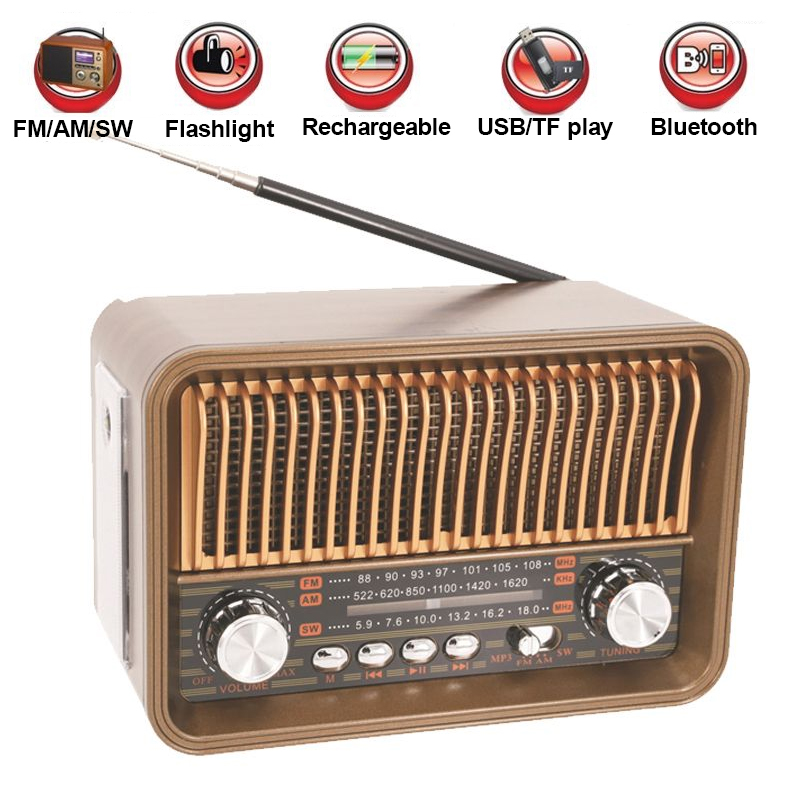 RetroWave Portable AM FM SW Radio Bluetooth Speaker with Flashlight