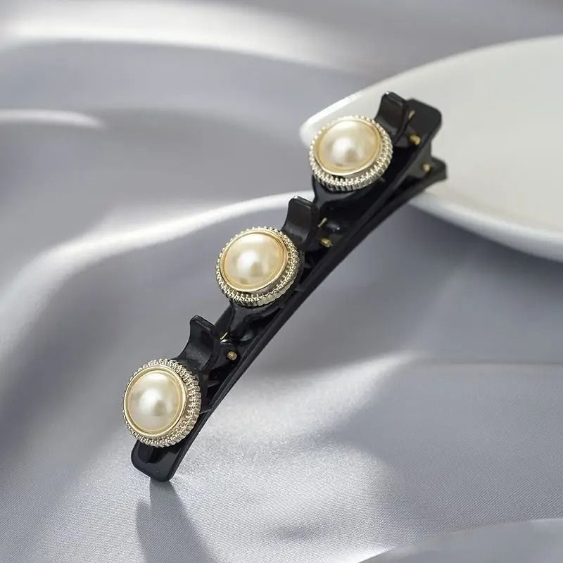 Double Layer Braided Hairclip with Rhinestone and Faux Pearl Accent