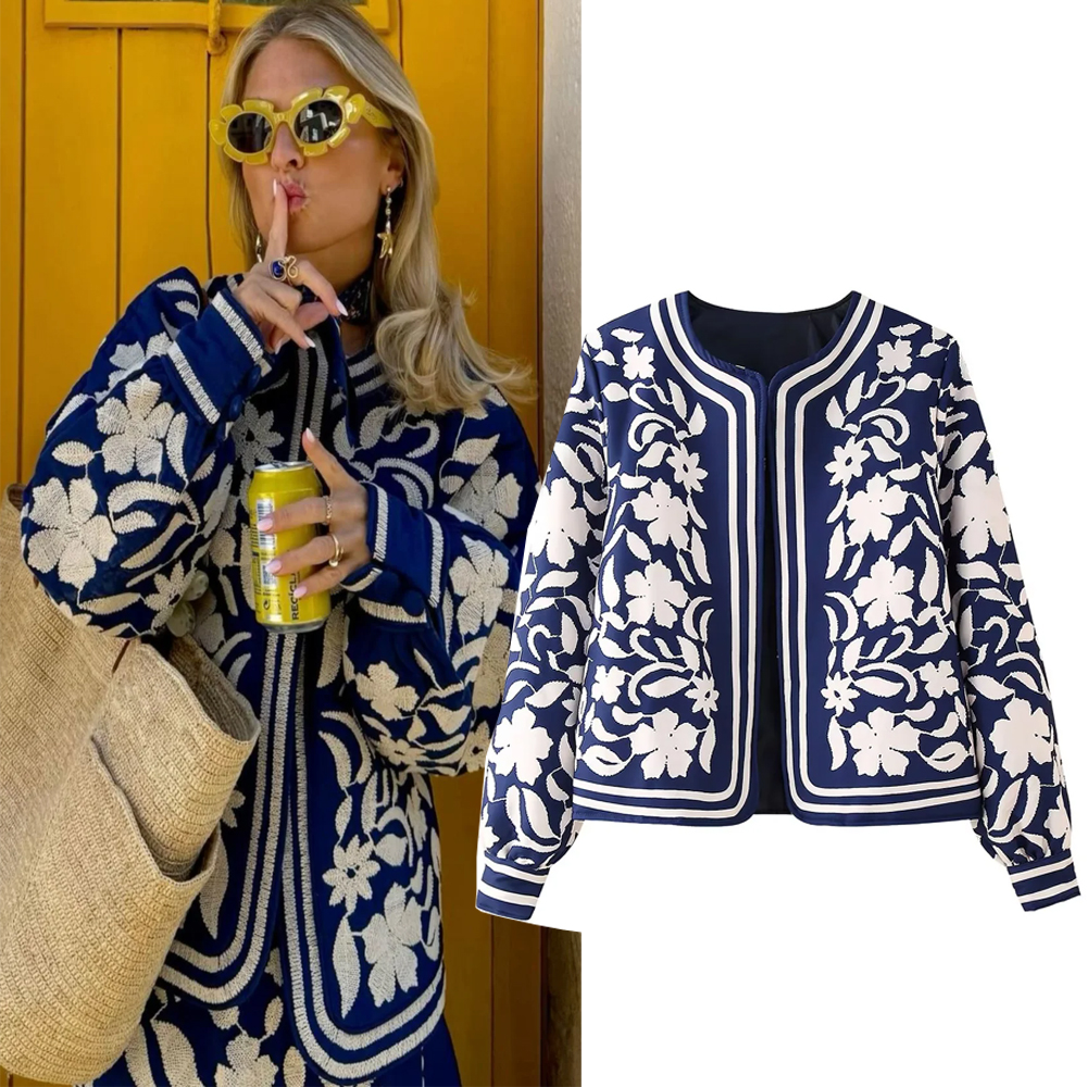 Faionable Print Cotton Jaet, Women's Spring Outerwear, Versatile Regular Length Jacket, Boho Style