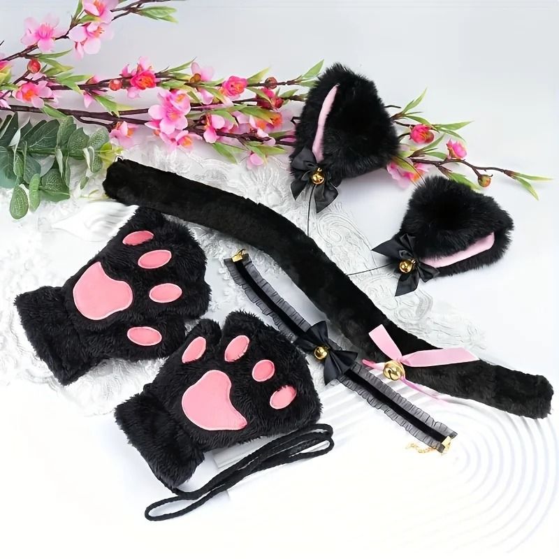 Cute Cartoon Cat Paw Winter Gloves with Bell Headband and Cat Ear Accessories Set