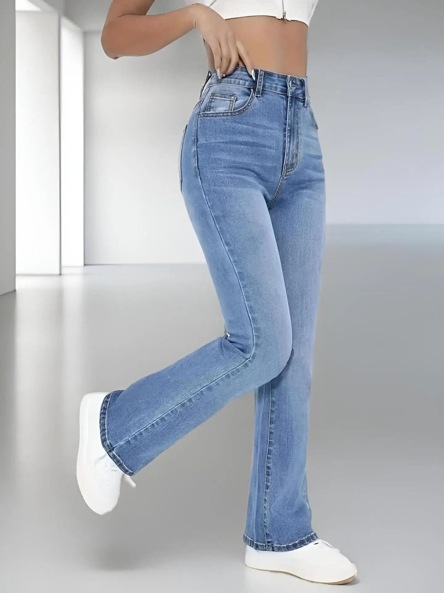 Womens High Waist Slim Fit Washed Denim Jeans
