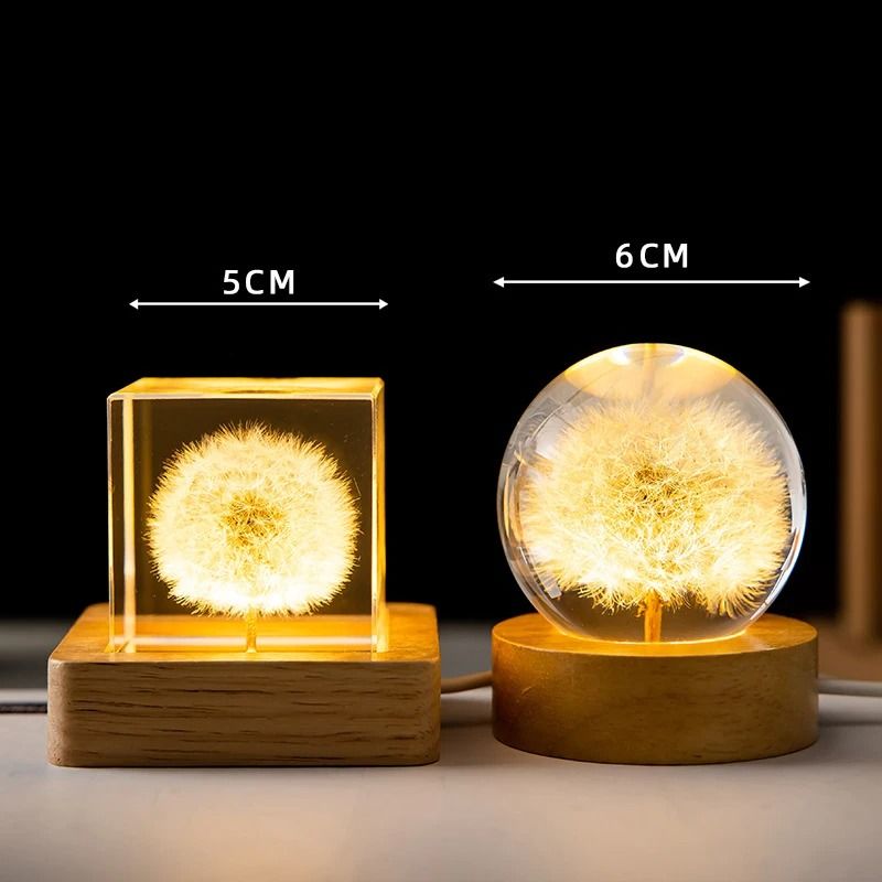 3D Dandelion Crystal Ball with Wood Stand Luminous Flower Sphere