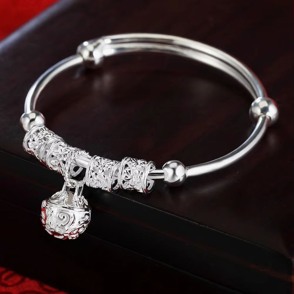 Fine Silver Hollow Bells Adjustable Bangle Bracelet For Women