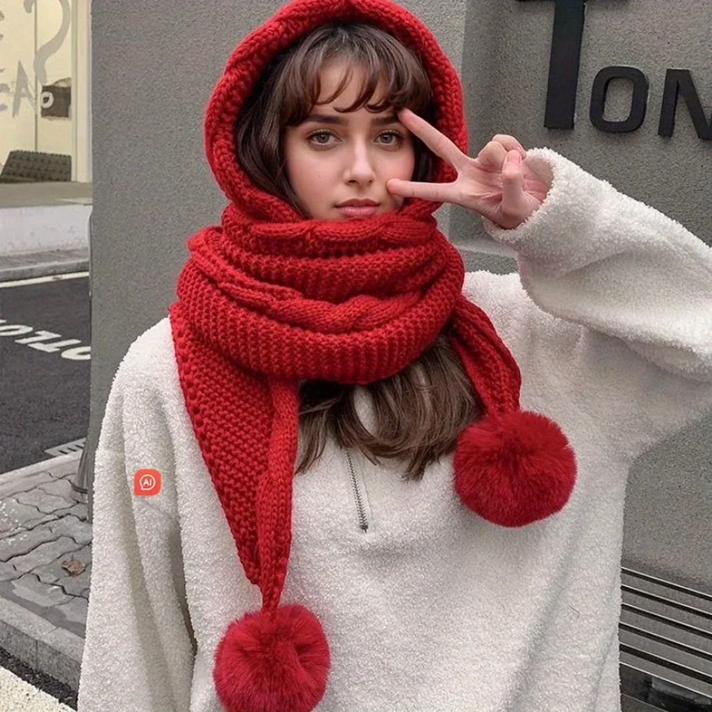 Women Winter Hat Scarf Thermal Wool Pom Beanie Balaclava Set