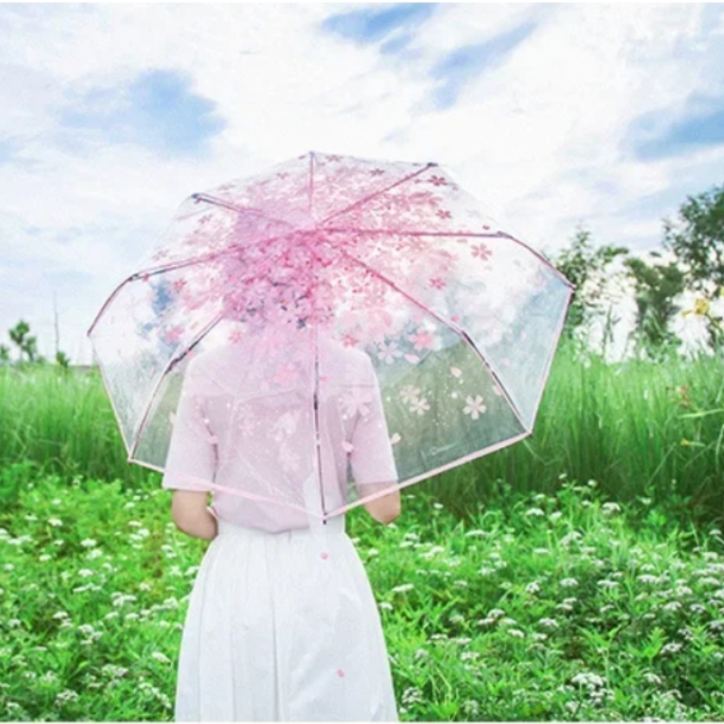 Durable 3-Fold Girls Travel Umbrella, Fashionable Sakura Fresh Transparent Petal, Fully Automatic 8 Bones