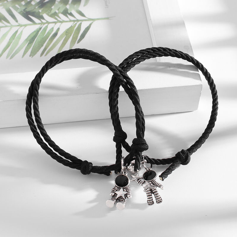 Magnetic Couple Bracelets for Men Women Adjustable Elastic Size Distance Bracelet with Astronaut Charm Rope Chain BFF