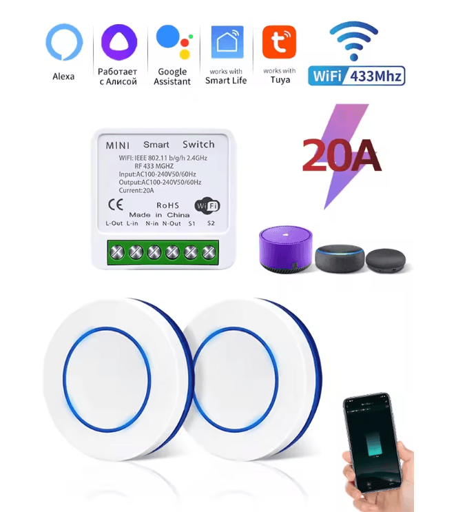 PowerSync 20A Tuya WiFi Smart Switch with RF Control and Voice Integration