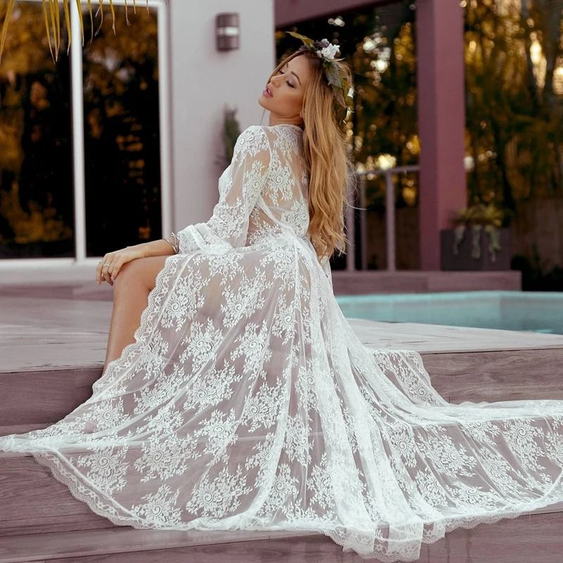 Womens Long Lace Sheer Nightgown – White Bridesmaid Robe & Sensual Kimono Bride Lingerie
