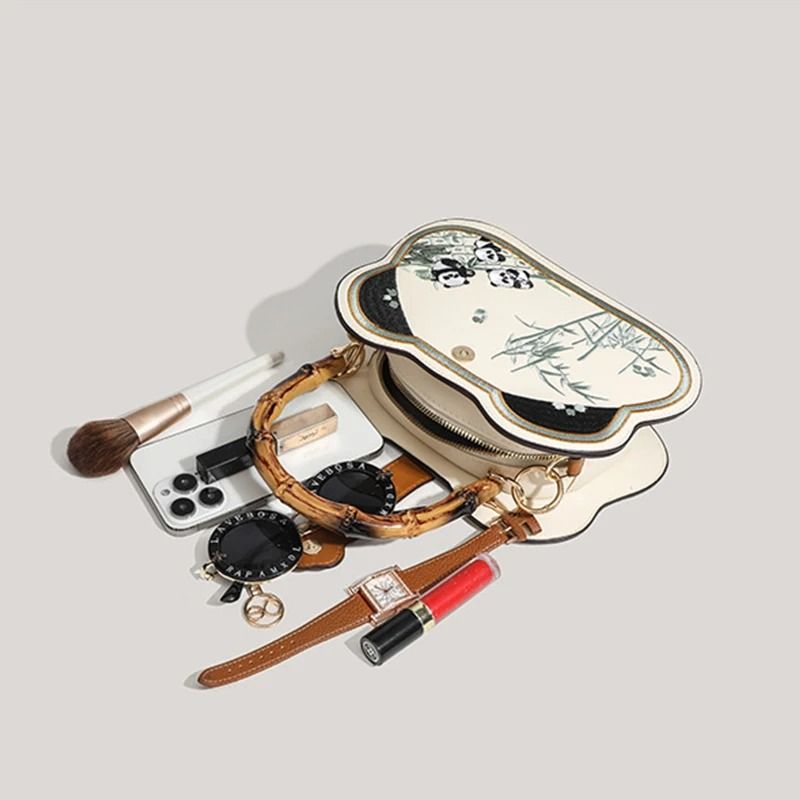 Chinese Style Panda Head Crossbody Bag with Bamboo Joint Handle