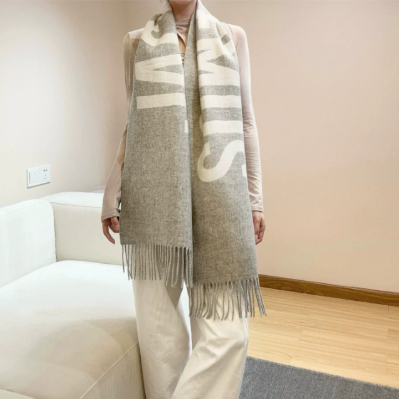 High-Quality Wool Scarf for Women, Luxury Brand Winter Shawl, Thick Warm Neck Scarf with Monogram Design