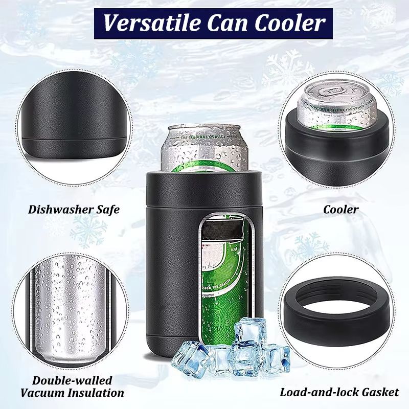 12oz Stainless Steel Beer Cooler – Double Wall Vacuum Insulated Can Holder & Thermos Bottle with Opener