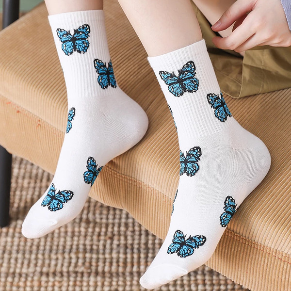 Cute Butterfly Print Crew Socks