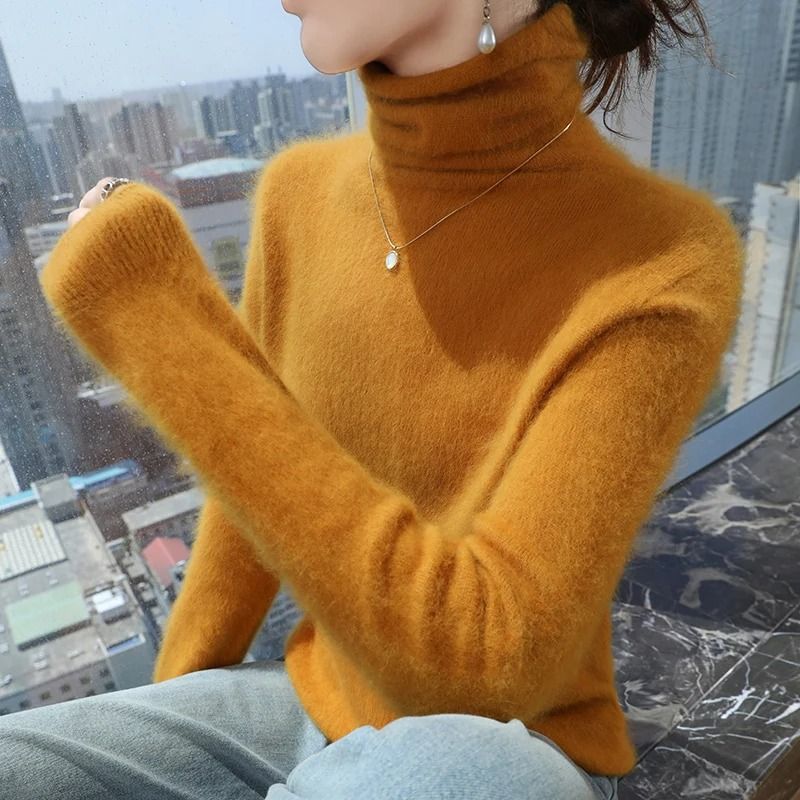 Womens Pure Mink Cashmere Sweater Slim Fit Pullover with Pile Collar Knitted Winter Top