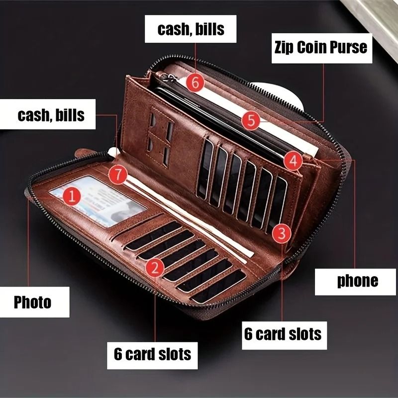 Mens Long Zipper Wallet with RFID Blocking and PU Leather Design