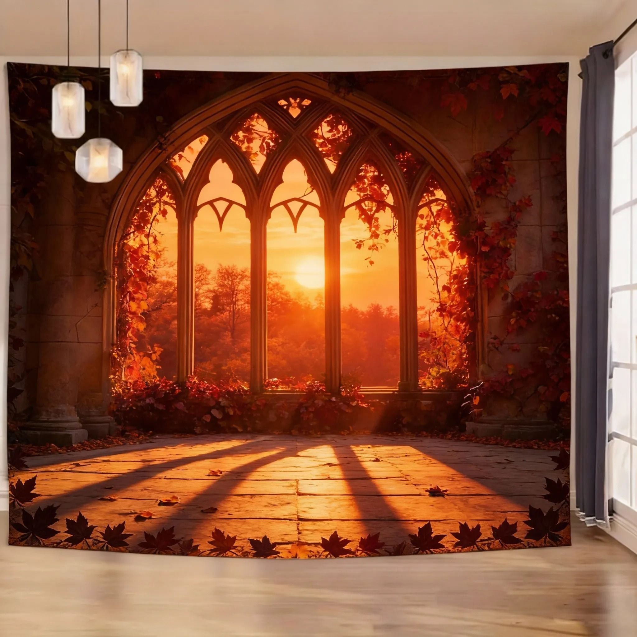 Enchanted Gothic Window Lush Garden Tapestry