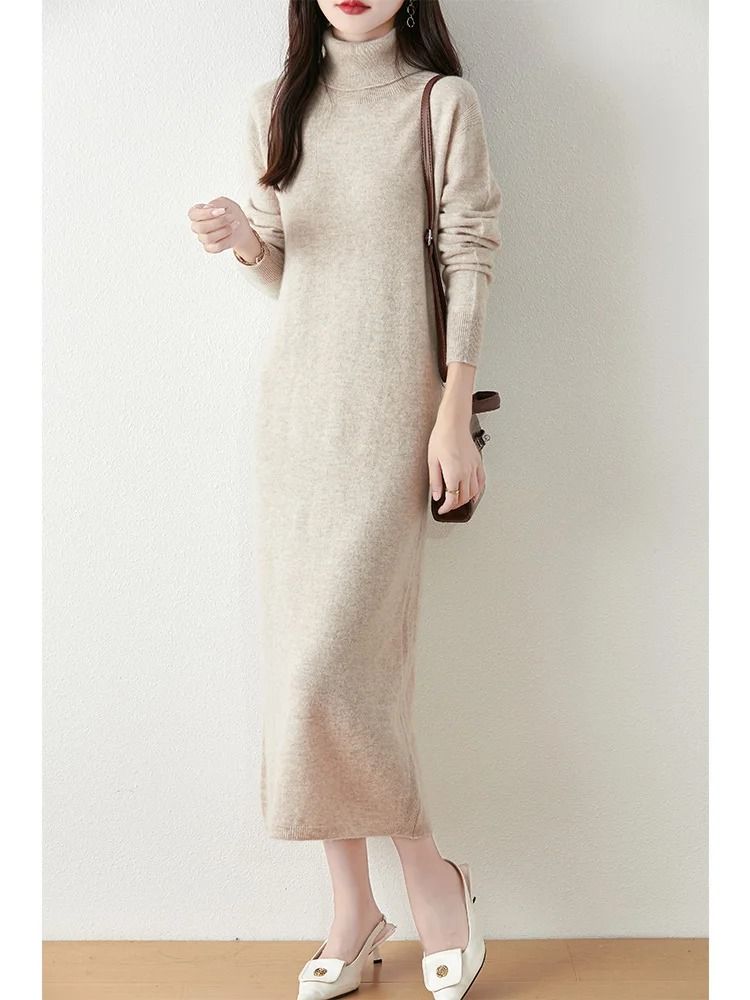 100% Merino Wool Turtleneck Knit Sweater Dress