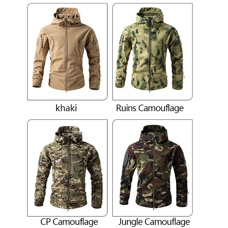 Men's Shark Skin Tactical Soft Shell Jacket – Waterproof Fleece Hooded Military Camouflage Outdoor Coat
