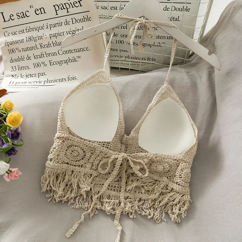 Retro Lace Halter Hollow-Out Crop Top – Tassel Beach Cami with Built-In Bra