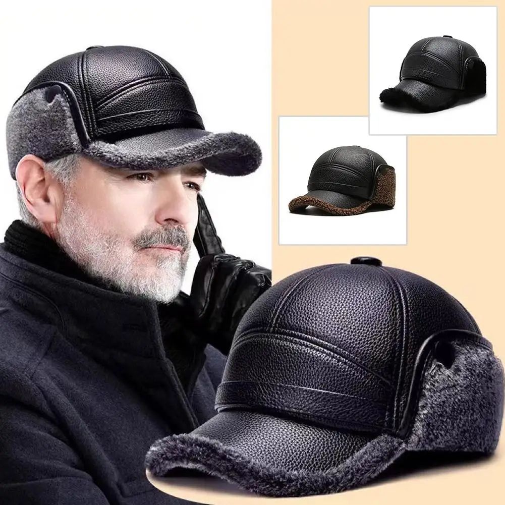 Premium Winter PU Leather Baseball Cap with Earflaps – Windproof Warm Hat for Men